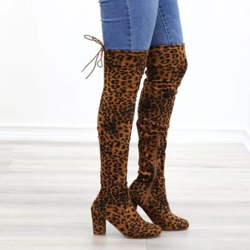 Suede Leopard Thigh High Heeled Boots